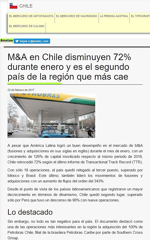 M&A en Chile disminuyen 72% durante enero y es el segundo pas de la regin que ms cae